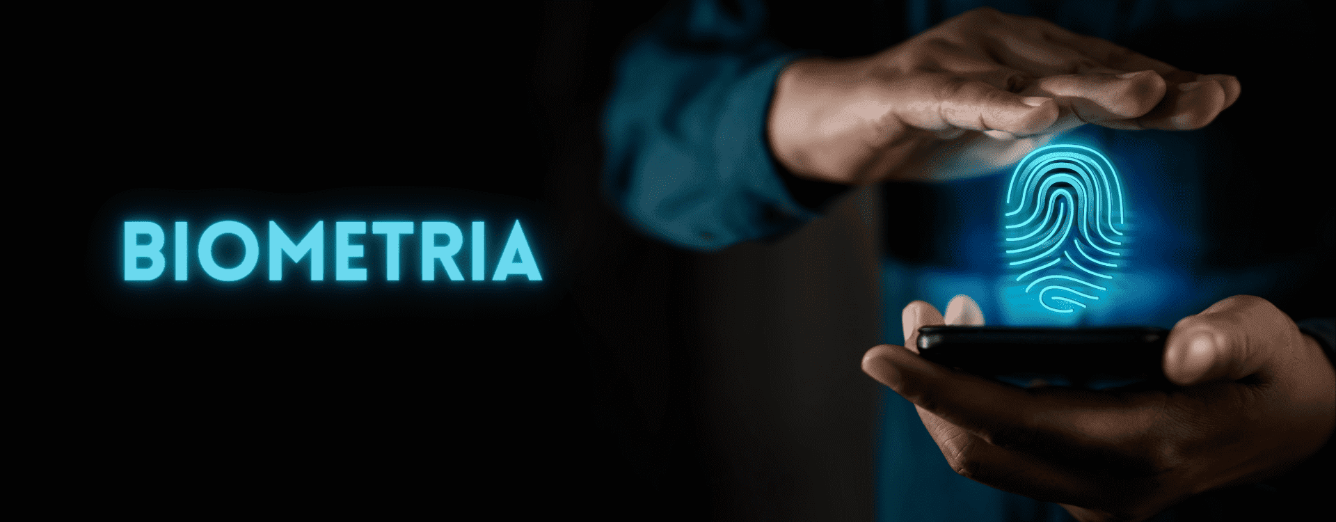 pessoa com telemóvel na mão com impressão digital em destaque e palavra biometria escrita a azul do lado esquerdo