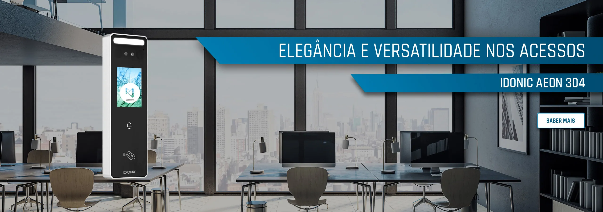 terminal de controlo de acessos IDONIC AEON 304 sobre a imagem de um escritório